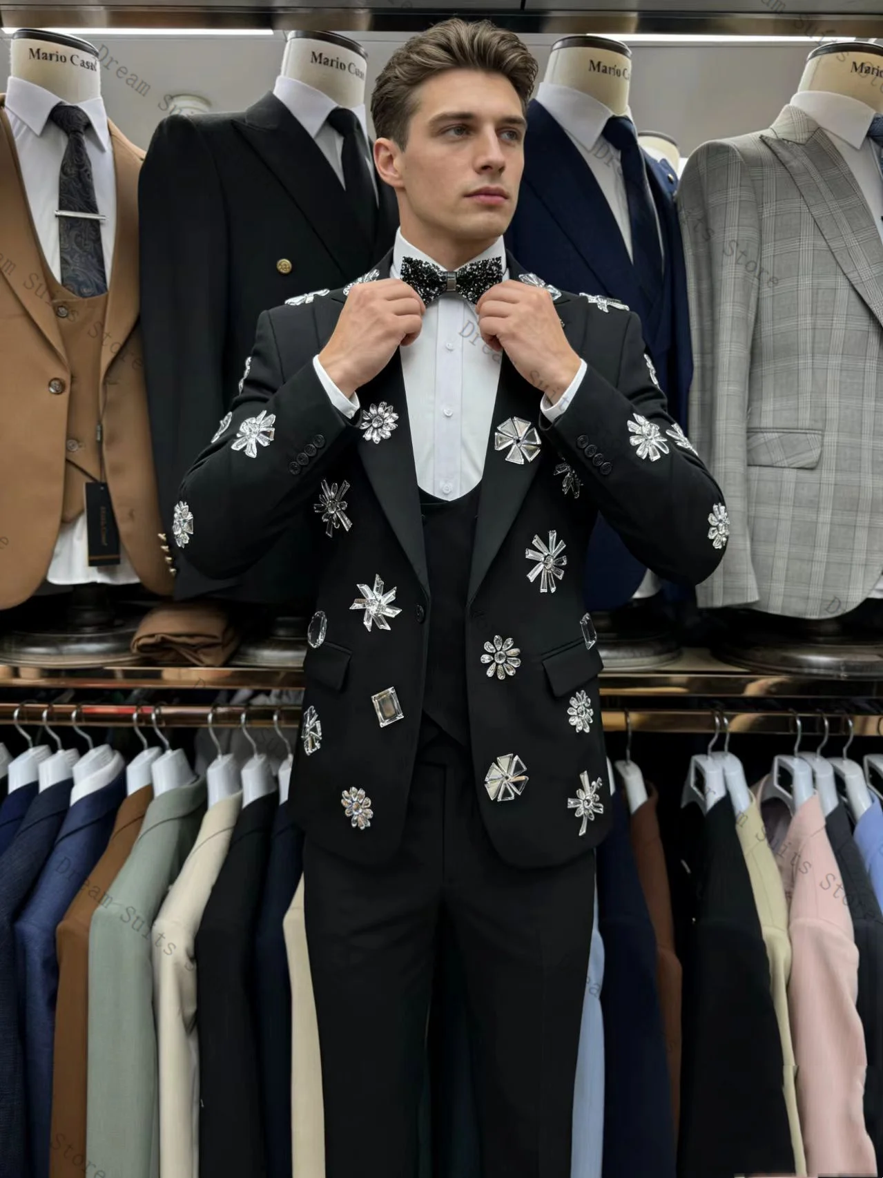 

Black Crystal Men Suit Set 2 Piece Blazer+Pants Trousers Cotton Customized Formal Office Jacket Wedding Tuxedos Prom Coat