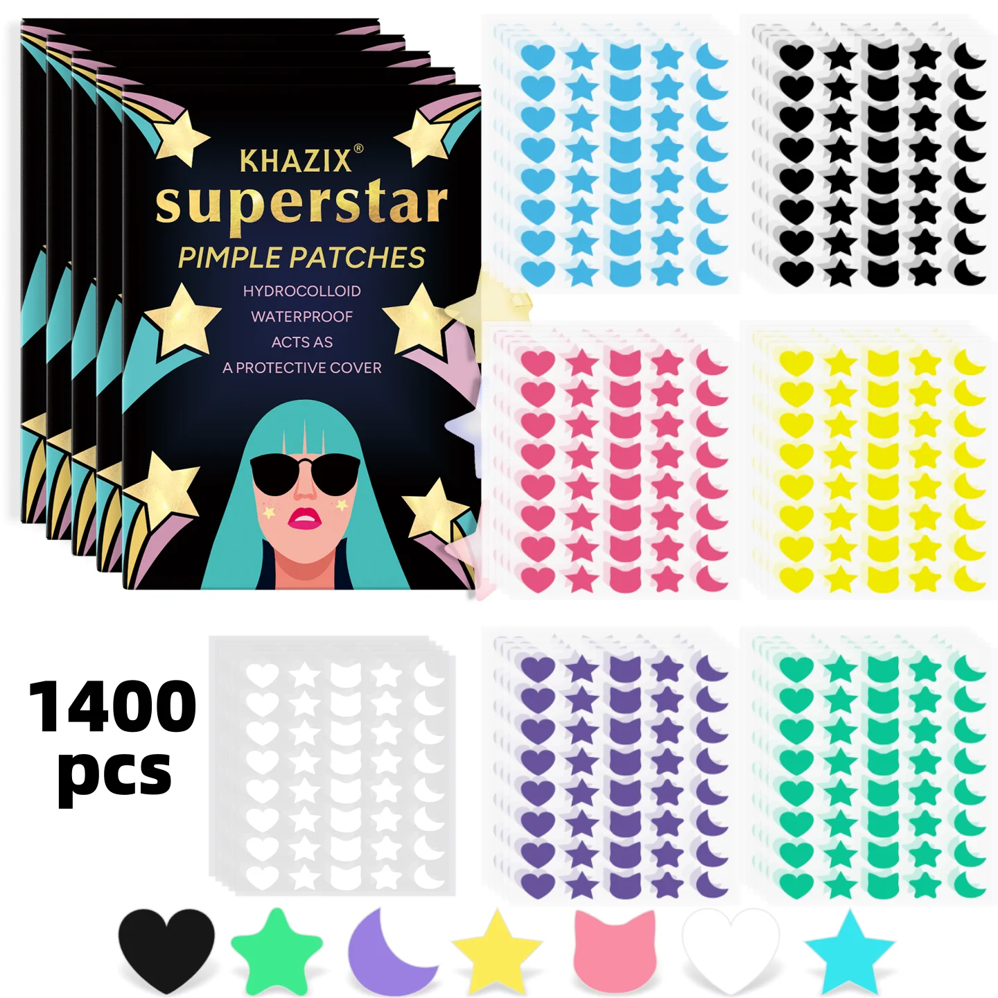 1400 قطعة من ملصقات حب الشباب المختلفة المقاومة للماء والغروانية المائية قابلة للتنفس وخفيفة وغير مهيجة، ومحمولة للارتداء على مدار 24 ساعة في اليوم