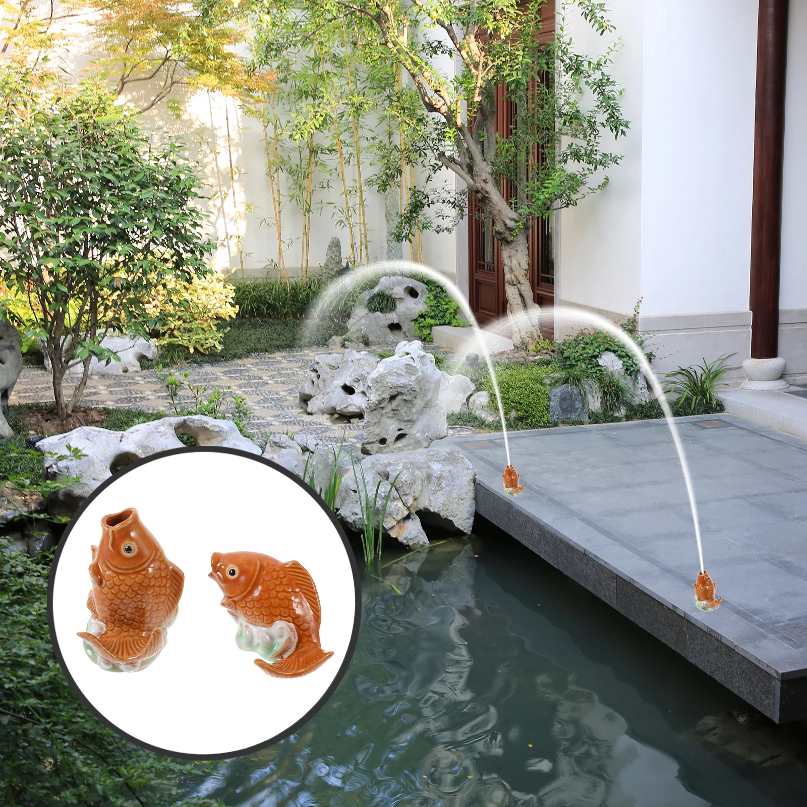 

2Pcs Ceramic Carp Statue Fountain Spitter Outdoor Garden Pond Decor Large Ornamental Water Spray Sprinkler Nozzle