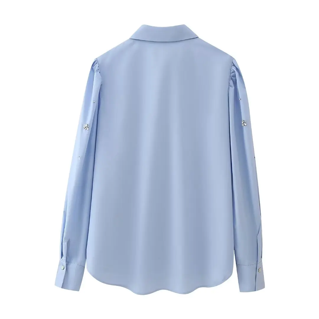 Tangada 2024 Women Blue Embroidery Cotton Shirt Blouse Long Sleeve Lady Loose Tops BE047