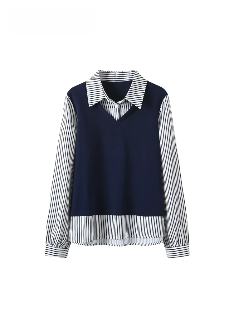 

Клубный стиль, большие размеры, длинный рукав, полосатый, женский, осенне-зимний, новый, для полных женщин, антивозрастной, имитация двухслойного платья...