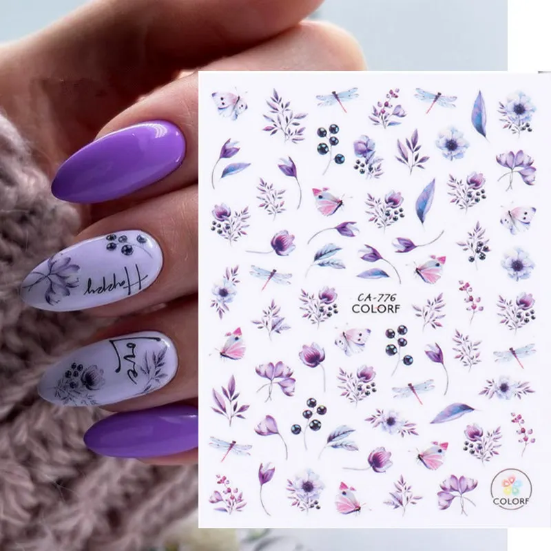 1pc Spring Flowers 3D Nail Sticker Pink Purple Cherry Blossoms Nail Art Decals Floral Leaf Slider Nail Decor Manicure Tips CA776