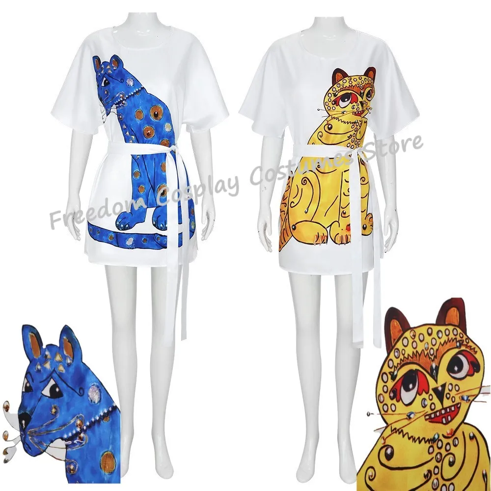 

Anni Cosplay Costume Agnetha Girl Disguise Anni-Frid Agnetha Cat Dress Movie 70s Women Costume Vintage Dress T-shirt Belt
