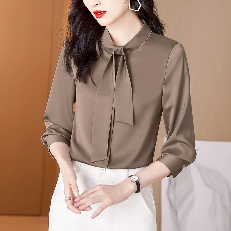 Satin Elegant Fashion Korean OL Temperament Bow Tie Blouse Top Women 2022 Autumn Solid Long Sleeve Work Wear Shirt Blusas Mujer