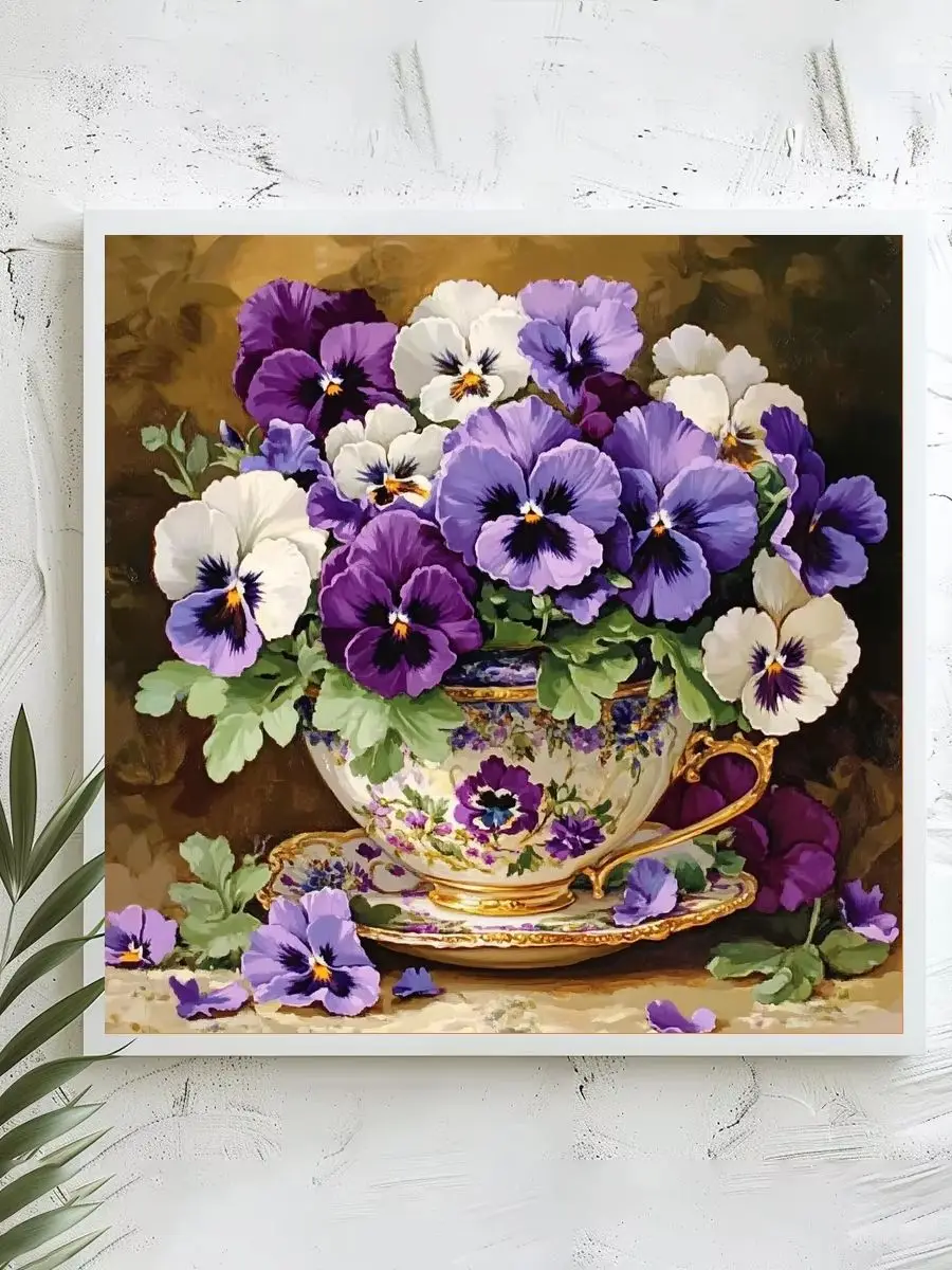 1 Stück 40x40 cm/15,74 Zoll, 11Ct/14Ct Kreuzstich-Set, DIY Valentinstagsgeschenk, Stickerei-Set für Festlichkeiten, Stiefmütterchen-Teetasse – Detail 1