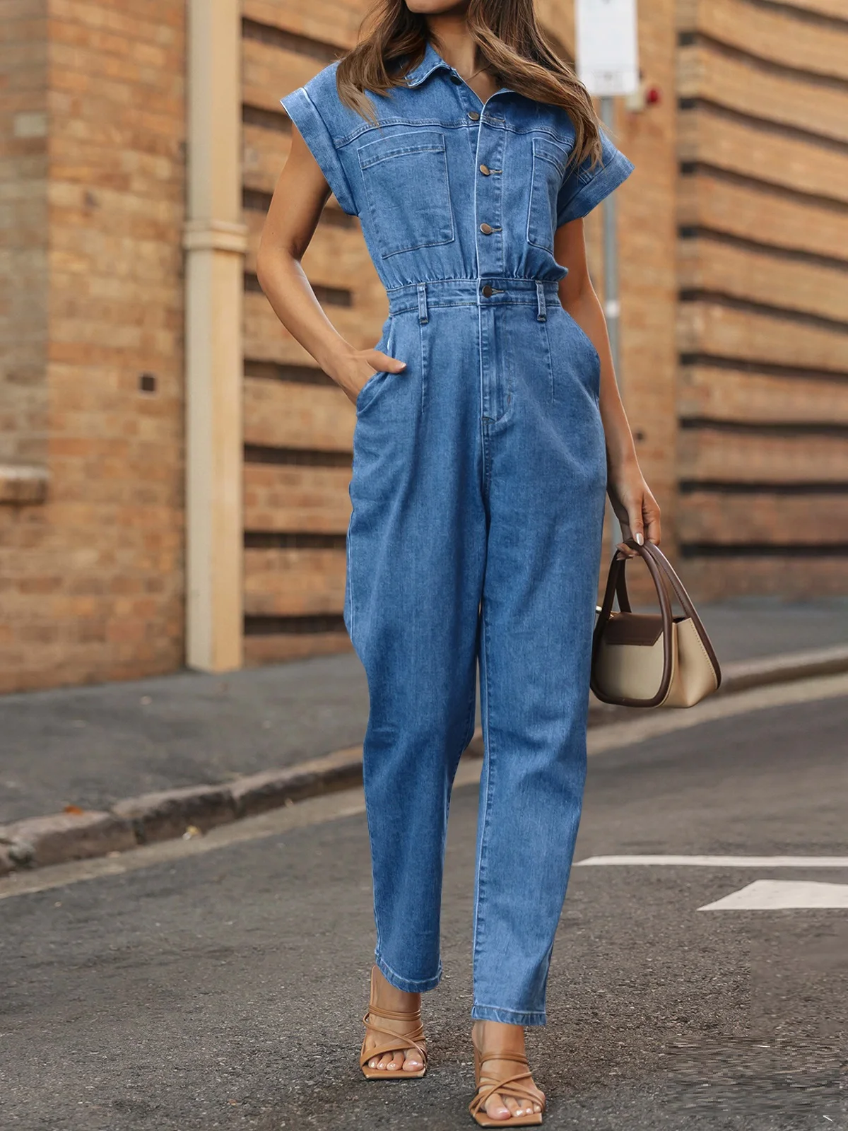 Jumpsuit Denim wanita, jumpsuit Denim wanita, topi kancing depan, Romper celana panjang lurus dengan saku