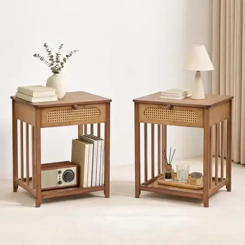 Night Stands Set of 2, Rattan Nightstands Bedside Table, 19.7