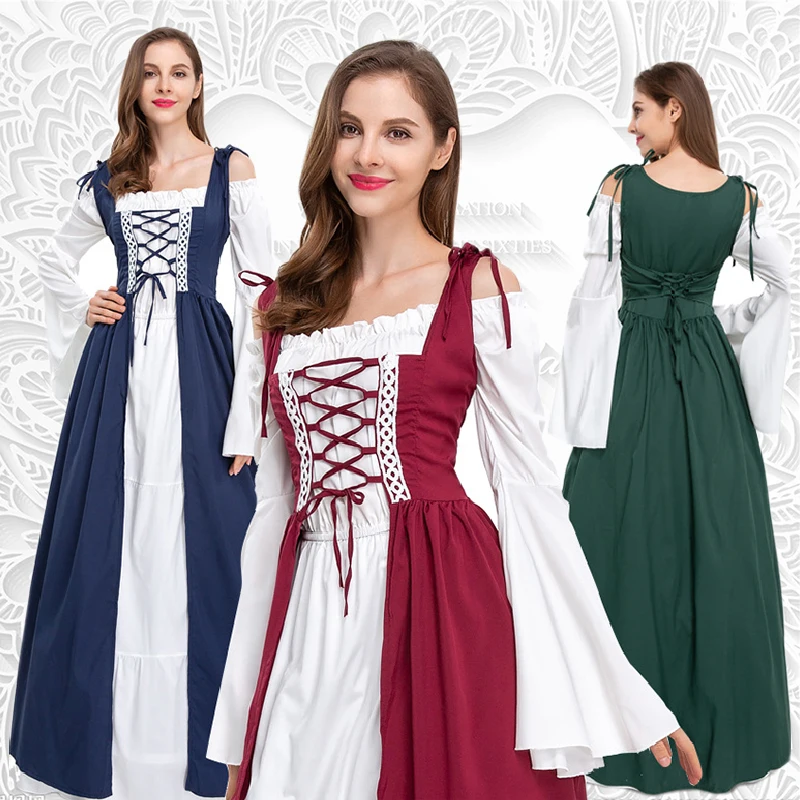 New Spring Autumn Girl Flare Sleeve Retro Princess Long Dress Women Medieval Design For Womens High Quality Court Dress