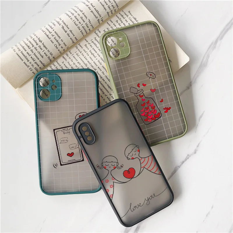 Love Cartoon Couple Heart Phone Case For iPhone 12 11 13 14 Pro Max Mini X XS XR 7 8 Plus SE MIN Silicone Frame Shockproof Cover