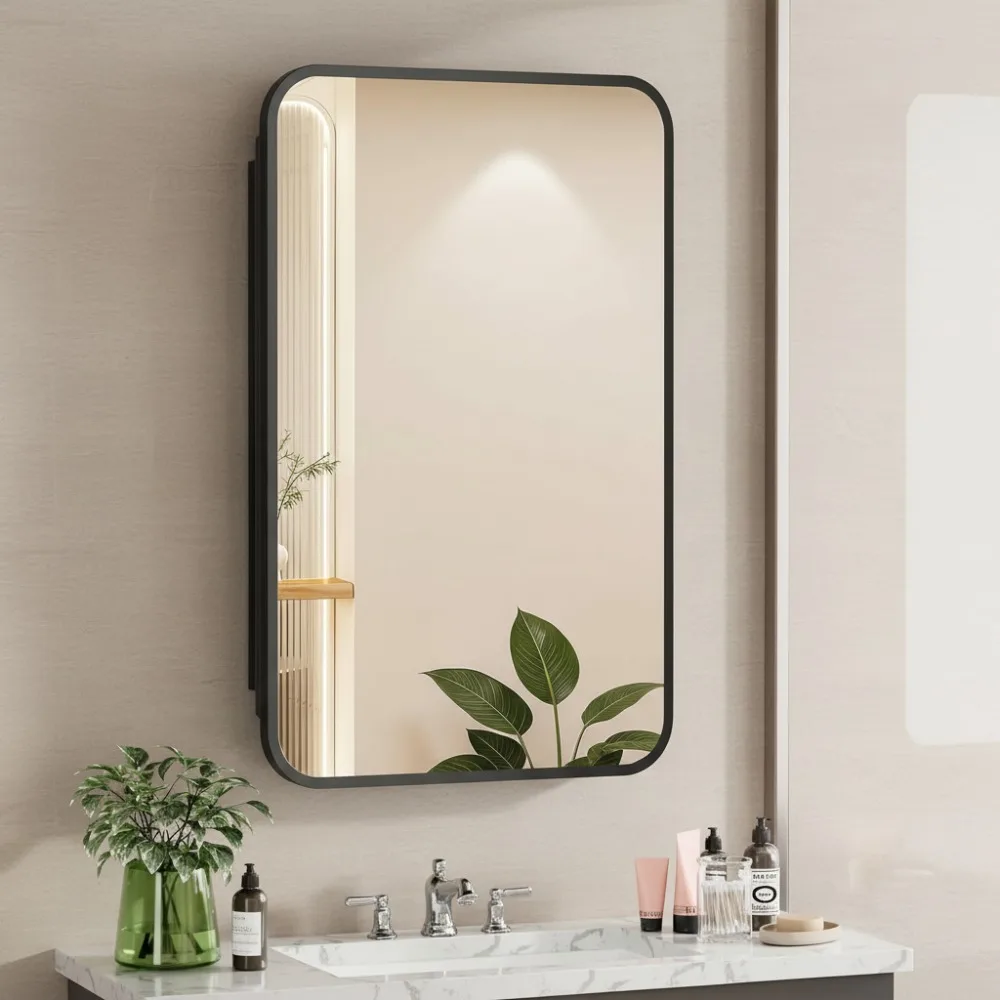 Lemari Obat Dinding Tersembunyi Ukuran 16x24 Inci dengan Cermin & Penyimpanan yang Dapat Disesuaikan - Bingkai Logam Modern untuk Dekorasi Rumah