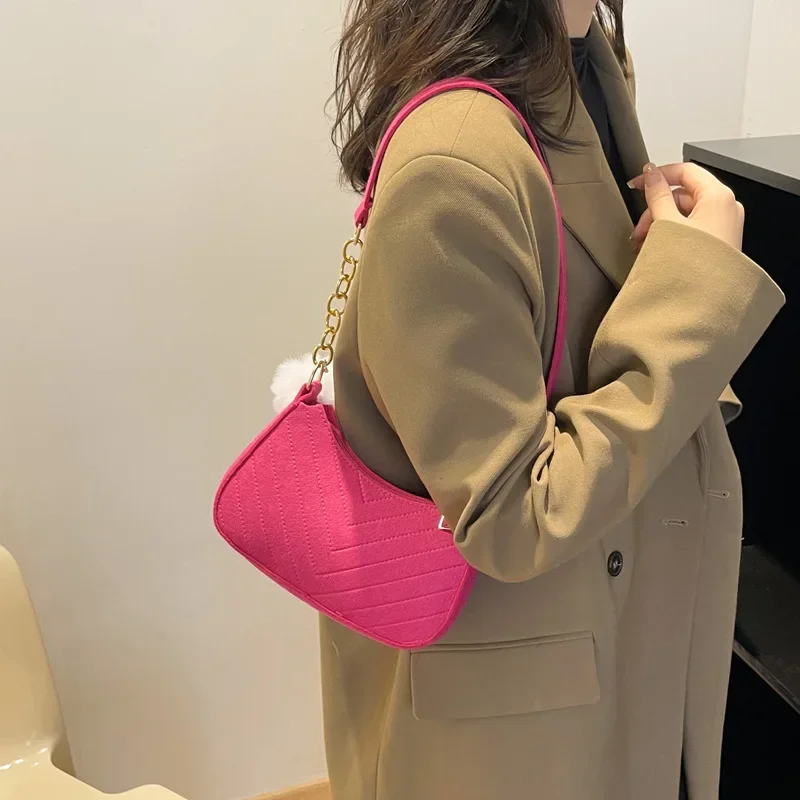 Women Felt Mini Shoulder Bag Underarm Bags with Plush Pendant Solid Color Casual Handbags Female Pouch Light Weigh Bag