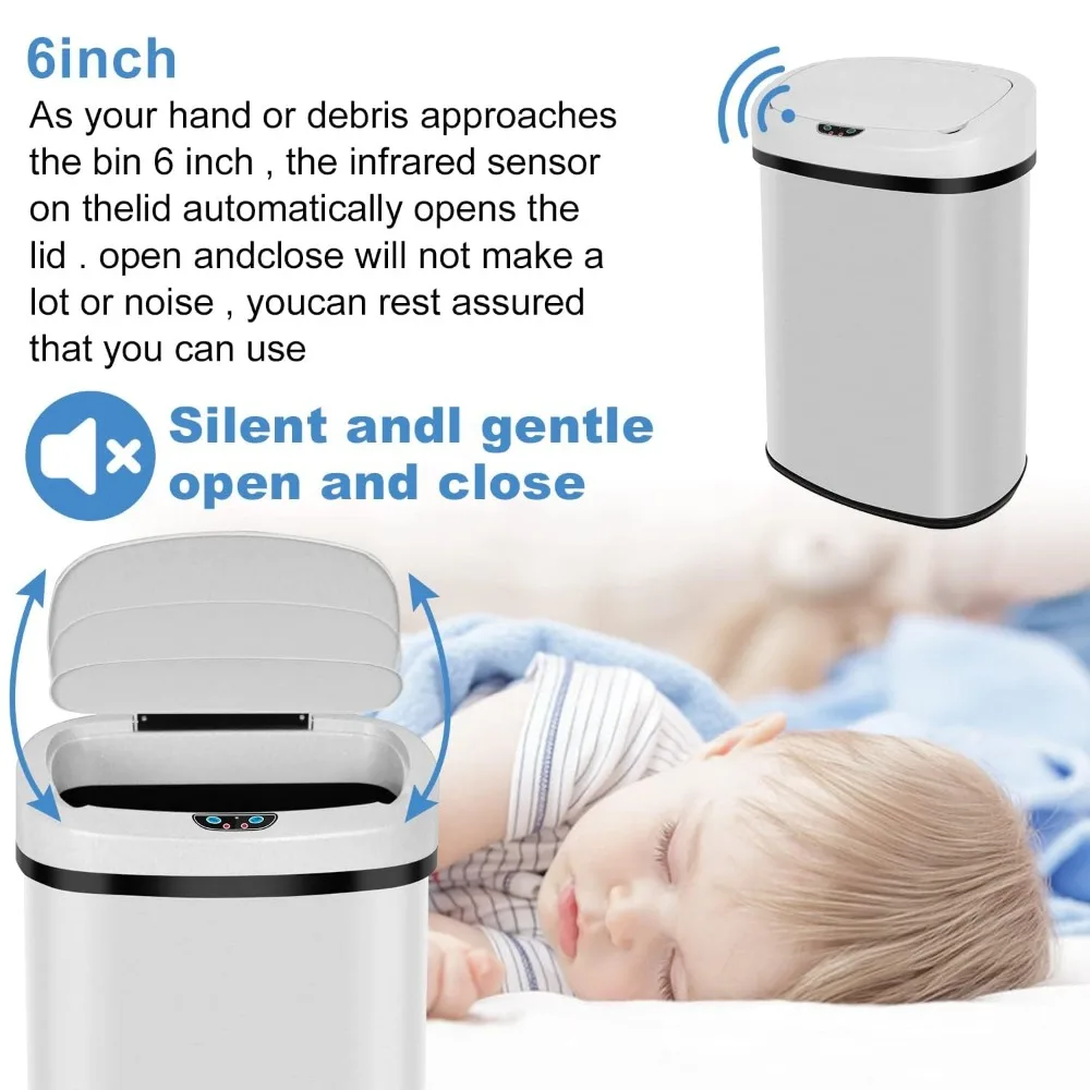 سلة مهملات بمستشعر حركة أوتوماتيكي بدون لمس، سلة مهملات مطبخ من الفولاذ المقاوم للصدأ سعة 13 جالونًا، سعة مضادة لبصمات الأصابع سعة 50 لترًا