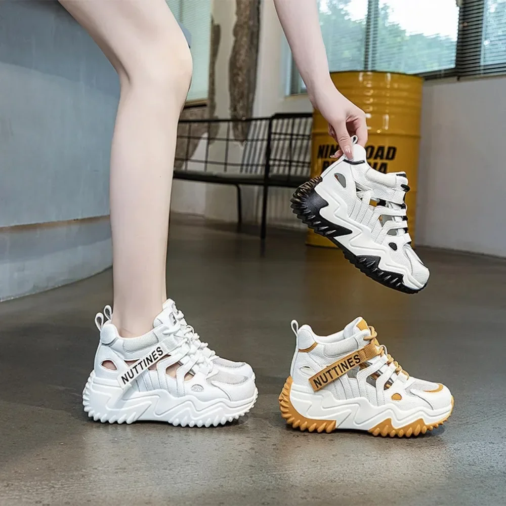 Summer Breathable Little White Shoes Female 2024 New Casual Inner Heightening Dad's Shoes Versatile Hollow Out Sneakers Womens