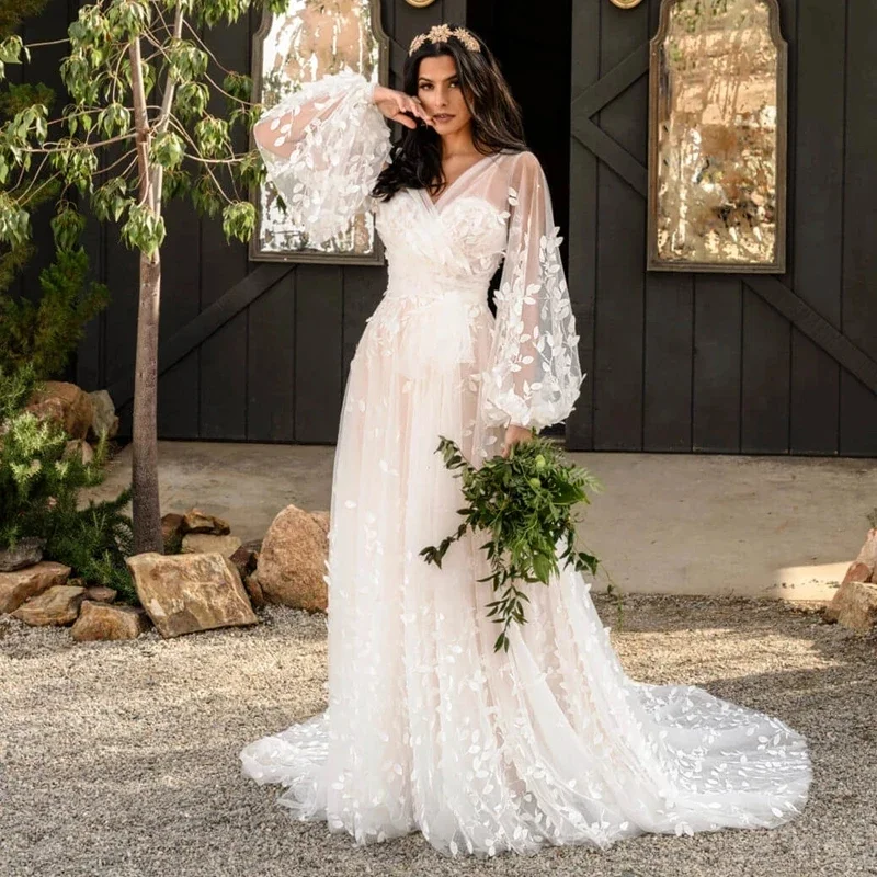 Elegant A-Line Floral Wedding Dress for Women Vintage V-Neck Puffy Long Sleeves Tulle Bridal Gowns Vestidos De Novia 2026 Nuevos