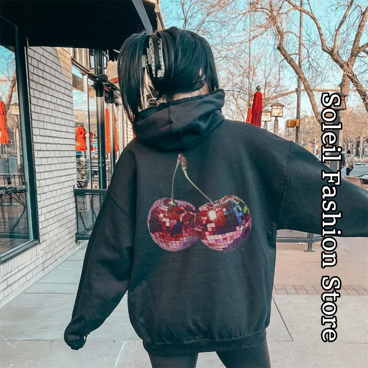 Disco Ball Cherry Print Hoodie Women Autumn Fashion Hooded Clothing Female Casual Long Sleeve Pullover Daily Coat Y2K Streetwear