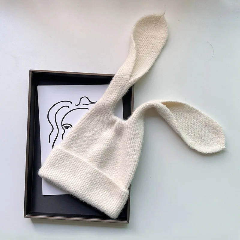 Japanese Long Ears Rabbit Knitted Hat Women's Winter Warm Soft Solid Color Woolen Hat