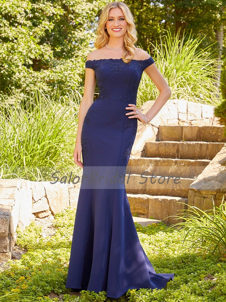 Vestido de noche azul marino para boda, elegante vestido de Madre de la novia con hombros descubiertos, apliques largos de sirena, vestidos de invitados de boda