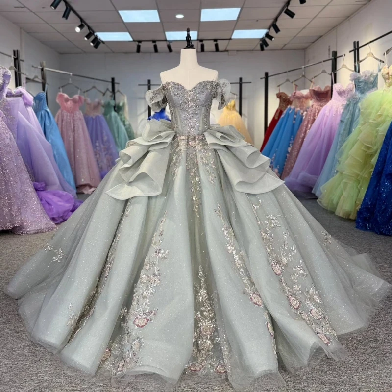 Grayish Green Shiny Quinceanera Dresses Off The Shoulder Sequin Applique Lace Beading Crystal Tull Corset Party Birthday Sweet
