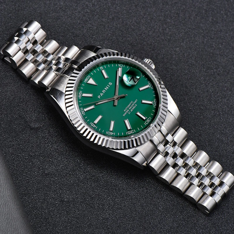 New Luxury Parnis 39.5mm Green Dial Men\'s Watch Calendar Miyota 8215 Movement Automatic Mechanical Wrist Watches For Men Gift