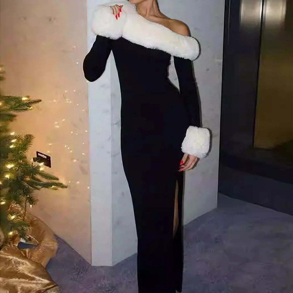 Customized Christmas Dresses Ankle-length One-shoulder Full Sleeve Prom Gown Fashion Side-split Simple Party Gown