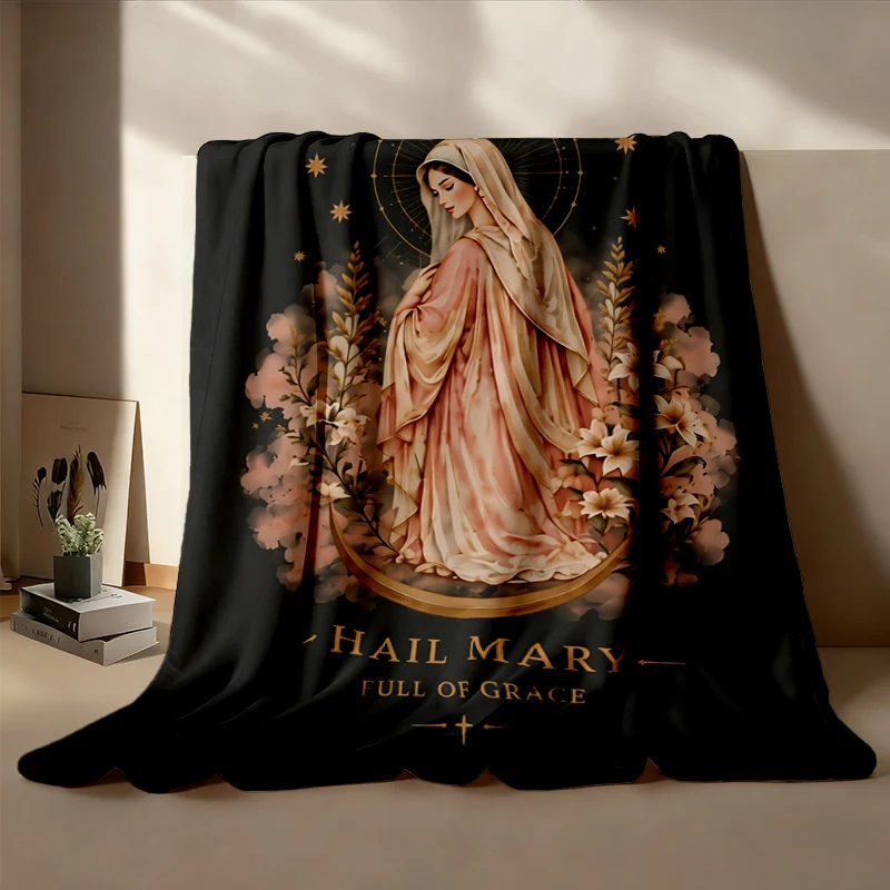 Hail Mary Virgin Mary Comfy Blanket, Catholic Marian Graphic Flannel Blanket, Full of Grace Religious Flannel Throw