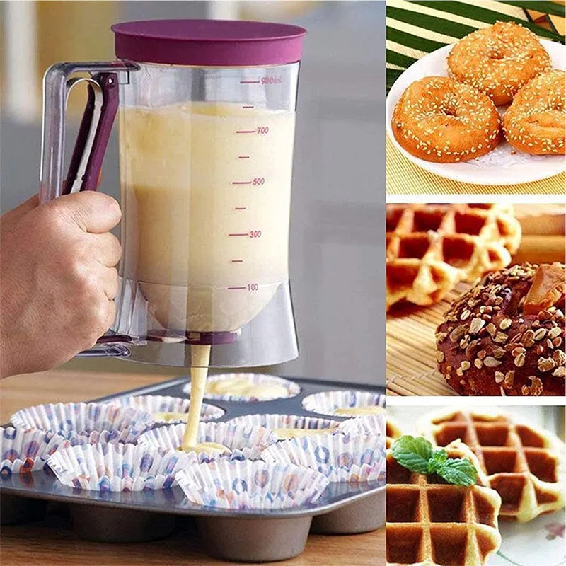 900ml Batter Separator Pancake Batter Dispenser with Measuring Label and Squeeze Handle Bracket Cookie Cake Waffles Batter
