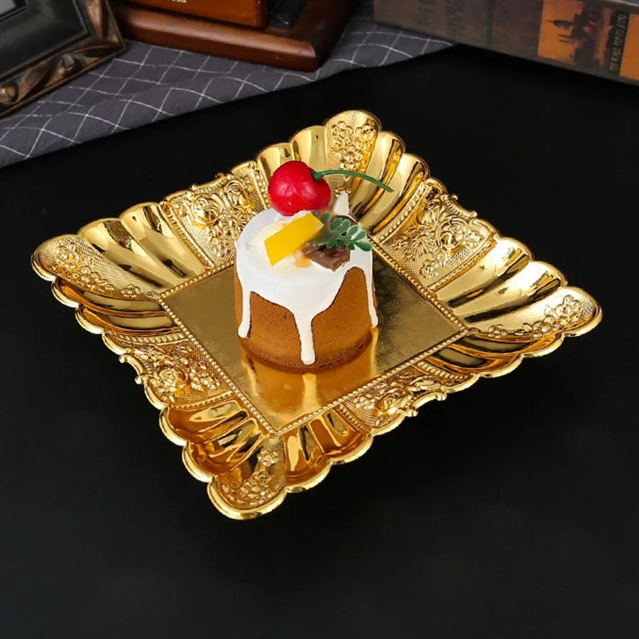 Fruit Serving Plate Metal Storage Tray Vintage Gold Square shape Carved patterns Decorative Plate Dessert Display Holder