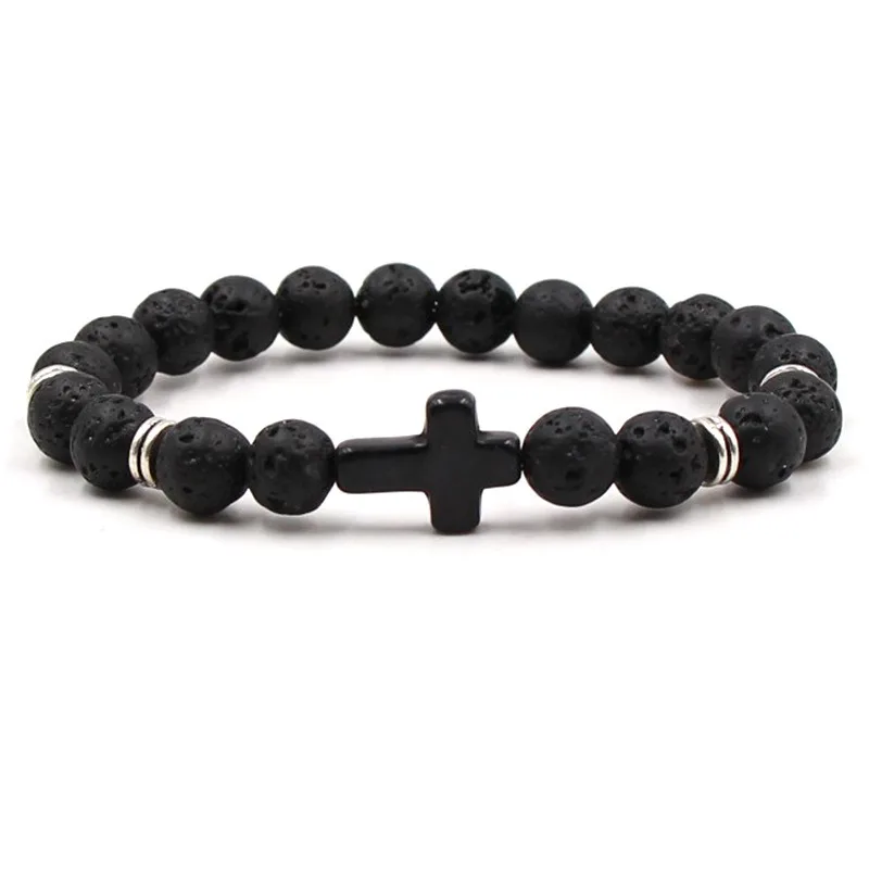 Jesus Cross Charm Men Women Bracelet Lava Cross Rosary Natural Stone Beads Jesus Agate Tiger Eye Meditation Bracelets Ba