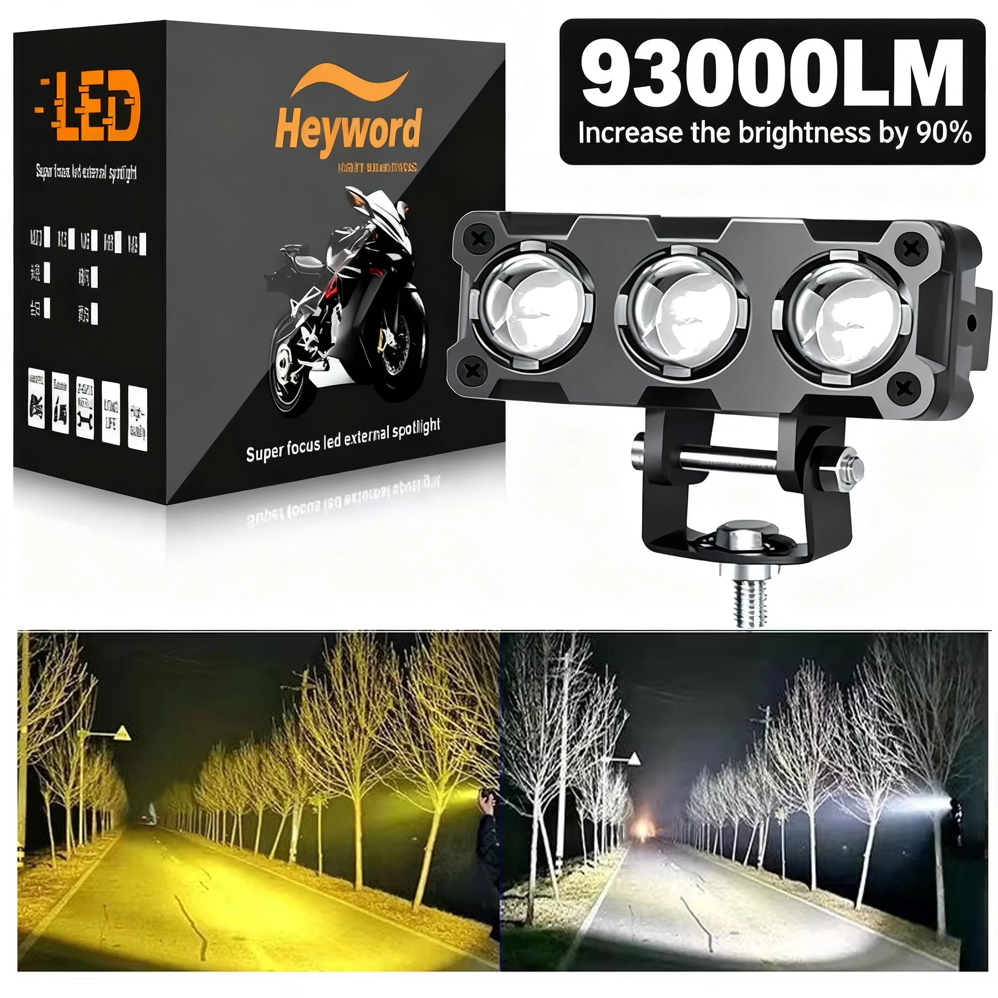 1pc Motorcycle LED Spotlight with 3 Lenses for Dual Color Work Lights High/low Beam Mini Driving Fog Lights