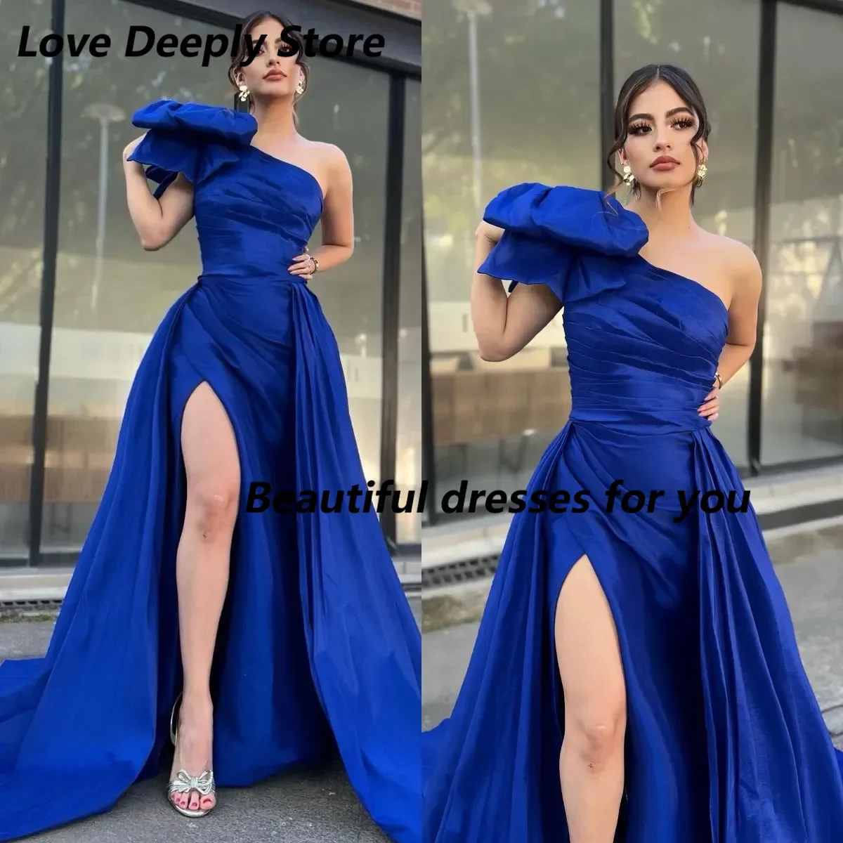 

Customized Royal Blue Evening Dresses Elegant One Shoulder Prom Dress Overskirt Thigh Split A Line Dresses for Special Ocn