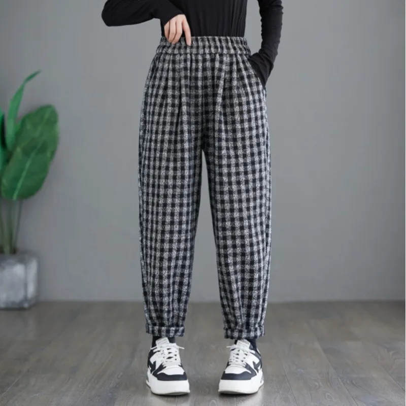 

Winter Thicken Versatile Plaid Patchwork Women Casual Pants Elastic Waist Loose All-match Office Lady Cozy Ankle Length Trouser