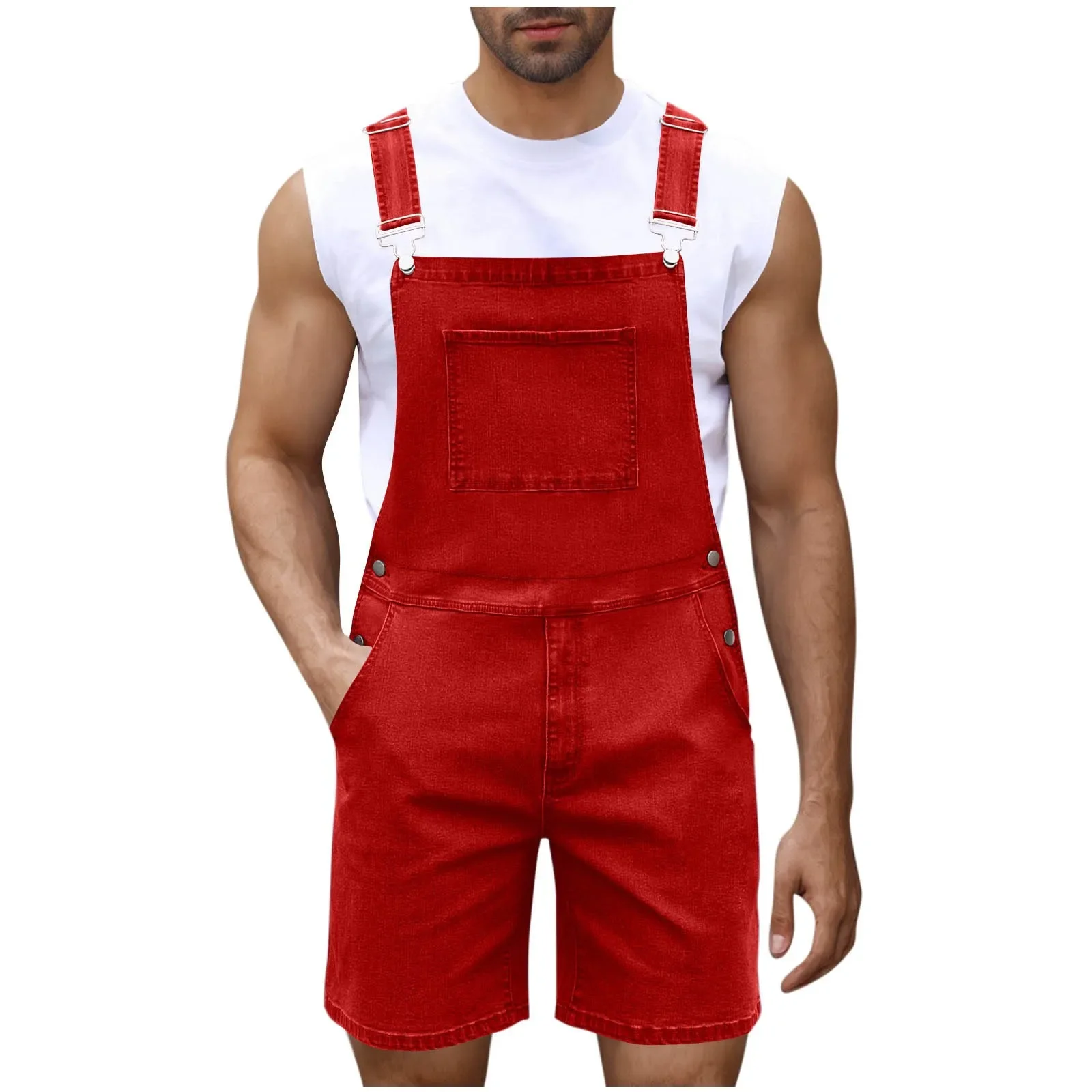 Summer Vintage Men's Solid Button Pocket Wash Water Fashion Casual Wear Adjustable Suspenders Street Wear Men Jumpsuit Pants