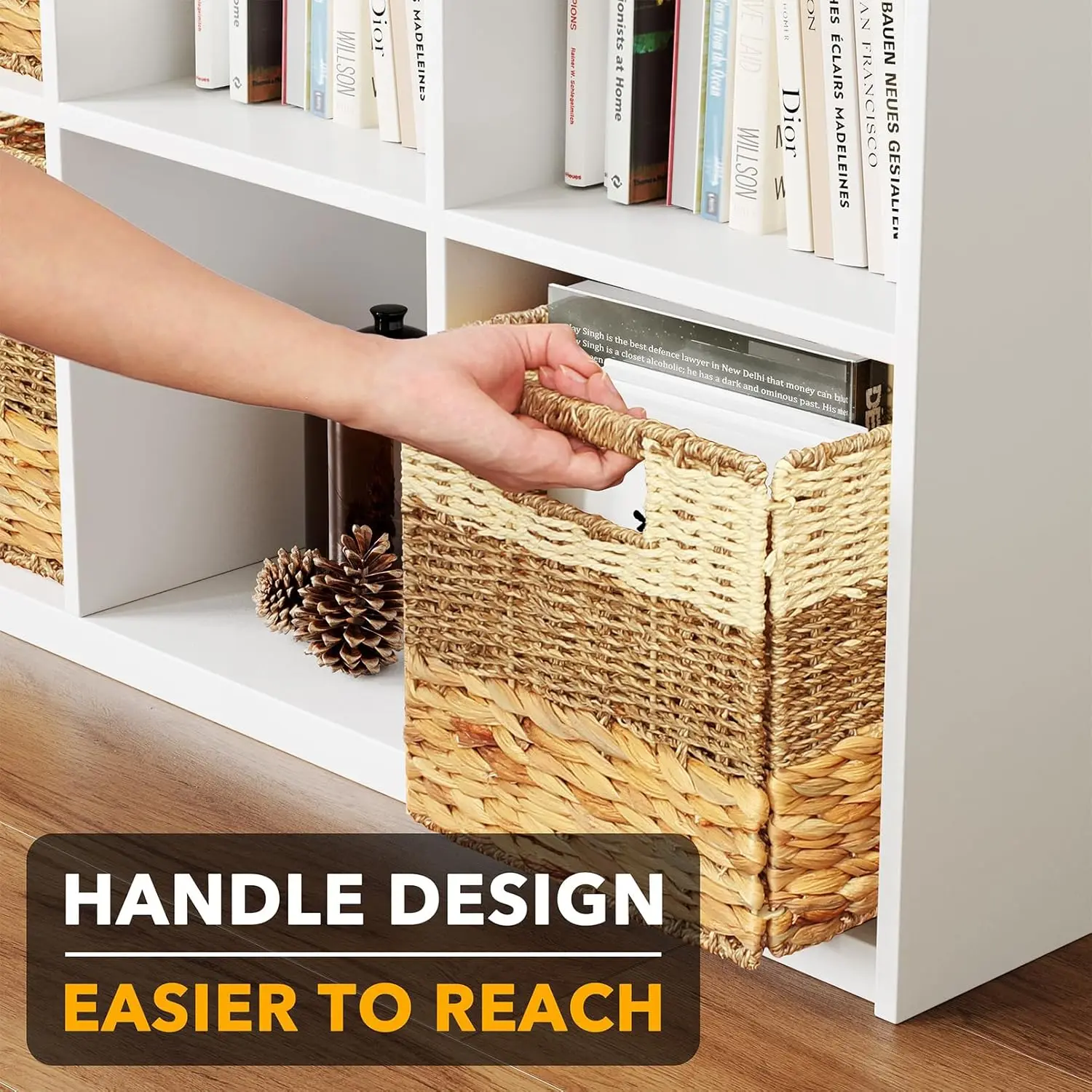 4 Pack Woven Storage Baskets with Handles, 3 Pattern Design, Natural Rattan Organizer Bin for Shelves, 10.5x10.5x10.5 inch view 6