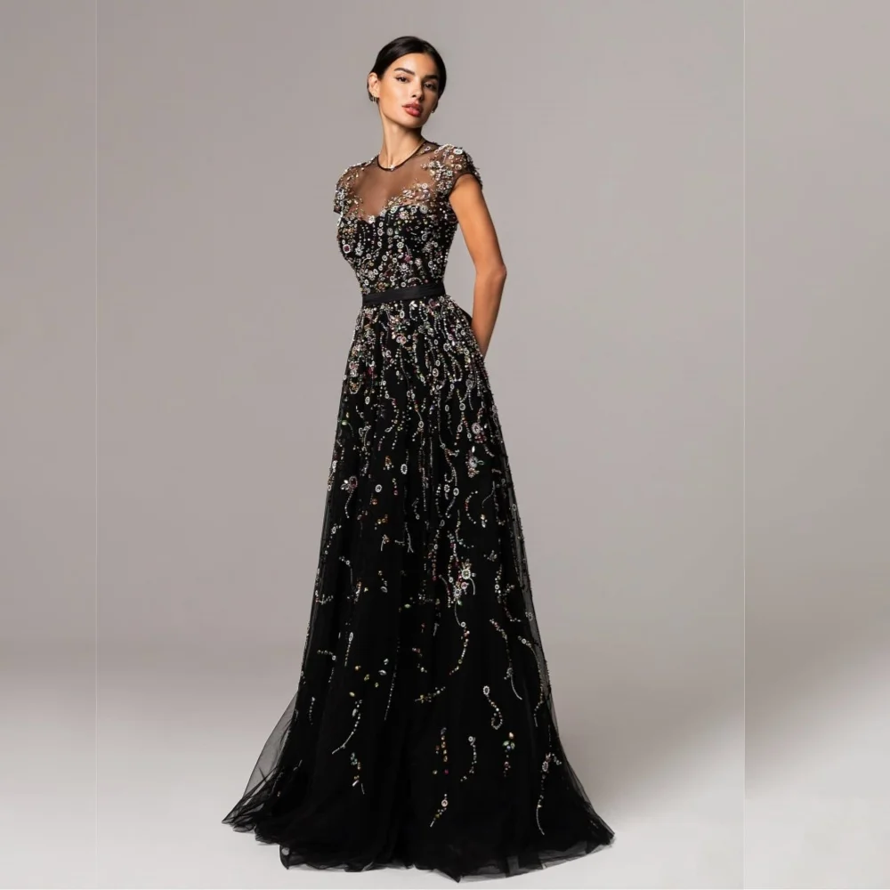 

Customized Net Sequined Sparkle O-Neck A-line Floor-length Bespoke Occasion Women Luxury Evening Dresses Elegant Classic Party