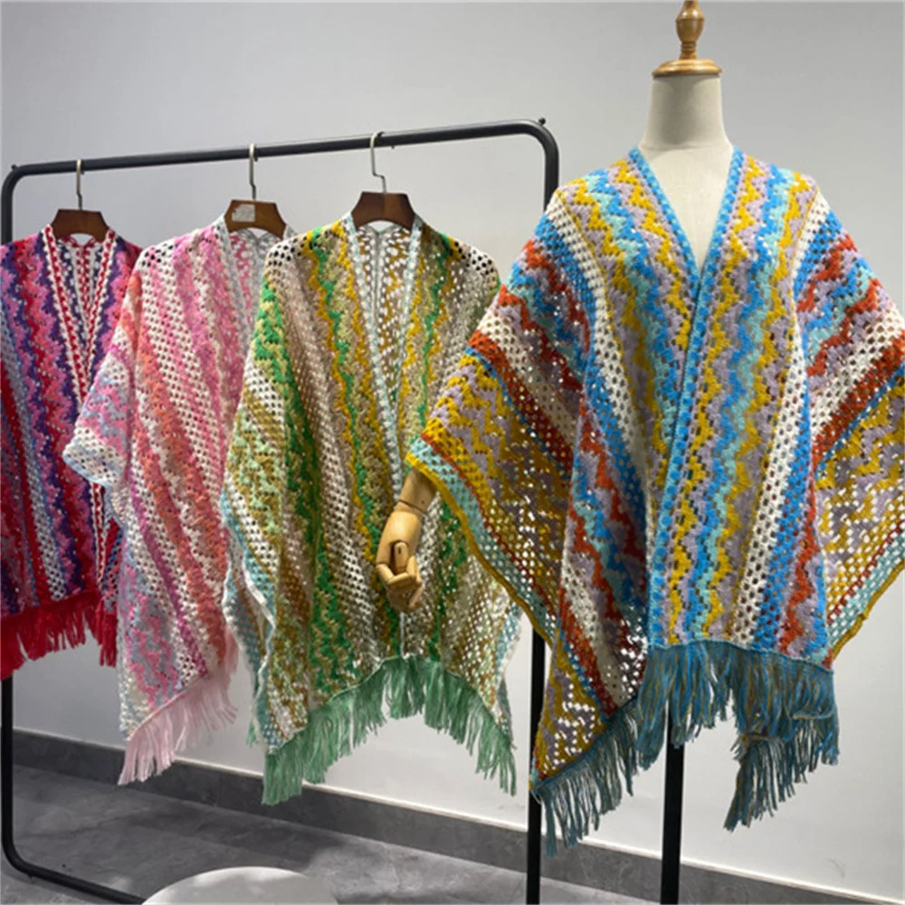 

2024 Women Cardigan Multicolor Stripe Pullover Capes Loose Poncho Cloak Autumn Knitted Sweater Tassel Shawl Knitwear Bohemian