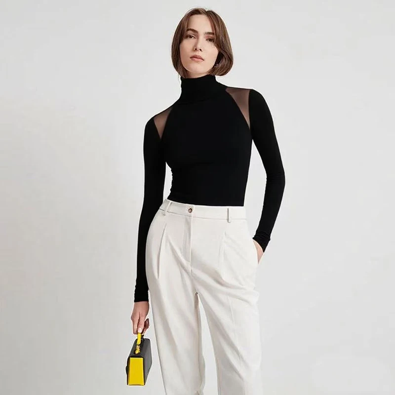 Spring and Autumn New European and American Style Long-Sleeve Slim-Fit Top with Mesh Patchwork, Off-Shoulder Solid Color Base Shirt, Y2K Style Women's Bodysuit Top