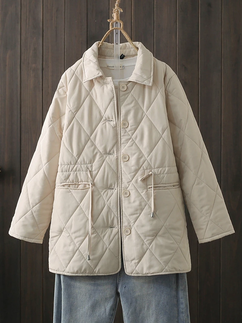 

Thiened Cotton Jaet Warm Lightweight Autumn Winter Coat Korean Sle Color Collar Single Button Polyester Fabric