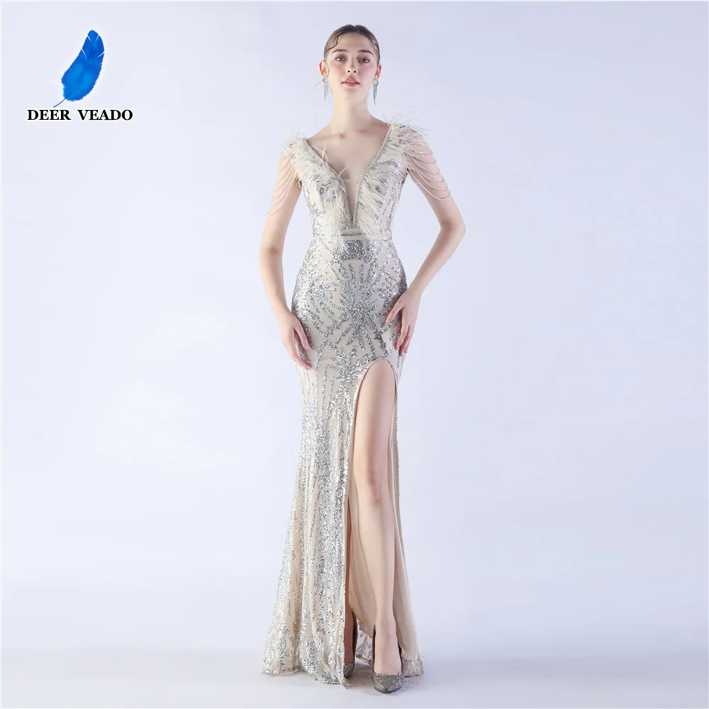 

DEERVEADO Luxurious Evening Dress with Beads Woman Elegant Mermaid High Slit Prom Party Maxi Dresses Formal Occasion Dress Long