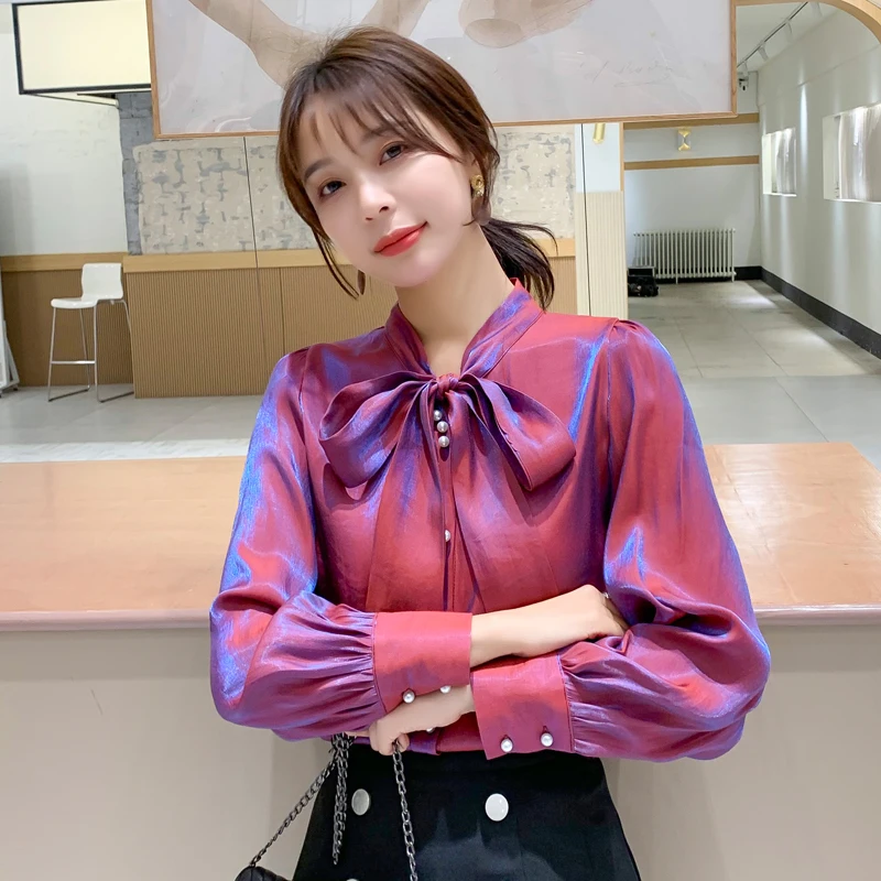 

Women Chiffon Blouse Fashion Bow Neck Ribbon Tie Shirt Soft Long Sleeve Shirts Office Lady Pullover Female Top Camisas Mujer