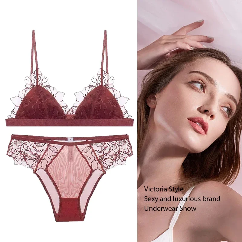 

KUCLUT Pure Desire Victoria French Lace Embroidered Lingerie Women's Thin Cup Triangle Cup Bra Set Comfortable No Underwire