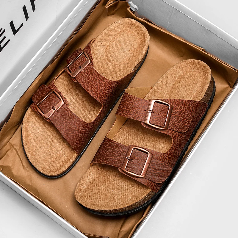 

Кожаные мужские пробковые тапочки, удобные сабо с регулируемыми двойными пряжками, мягкие сандалии для здоровья, мужские и женские сандалии с леопардовым принтом