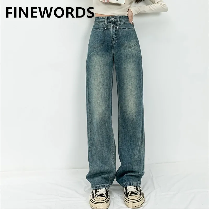 

FINEWORDS Vintage y2k Women Jeans With Pocket Korean Baggy Wide Leg Jeans Streetwear Punk Vintage Casual High Waist Denim Pants