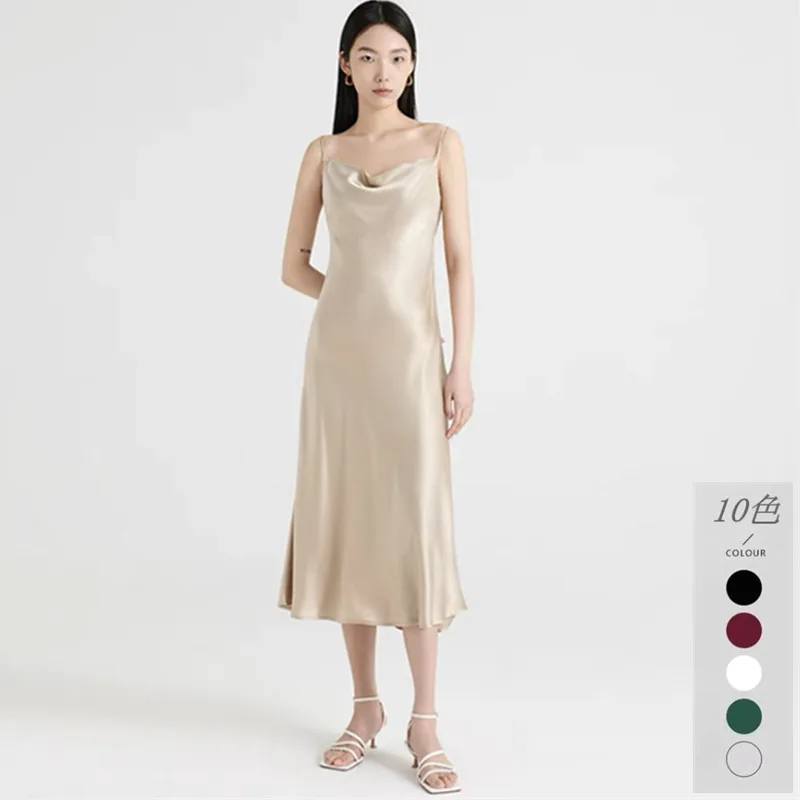 

Women fashion swinging collor Satin Sexy Dress Solid Elegant Party Dress Summer Spaghetti Strap Triacetate satin Dress