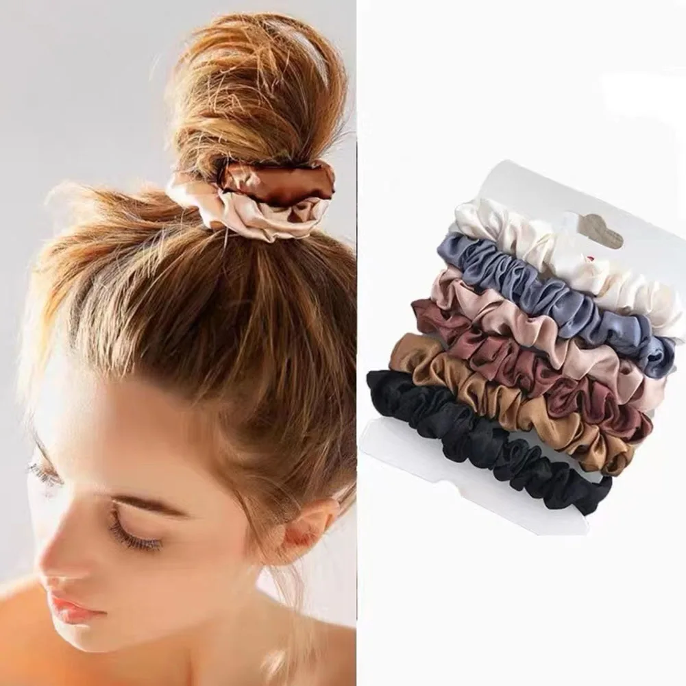 6Pcs Elegant Hair Scrunchies Women Minimalist Simulation Silk Hair Ties Solid Color Elastic Hair Loop Ponytail Hair Accessories