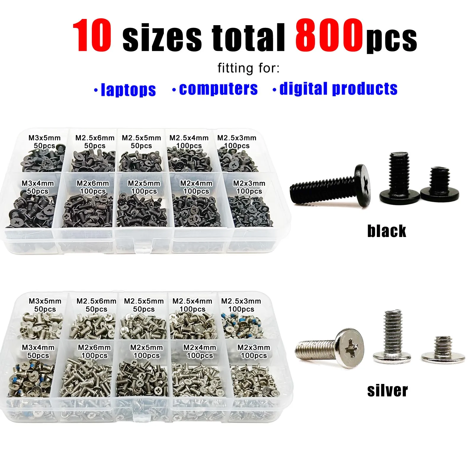 800pcs/box Laptop Computer Screw Bolt M2 M2.5 M3 Phillips Cross Ultra Thin Flat Wafer Head Mix Assortment Kit Set Steel