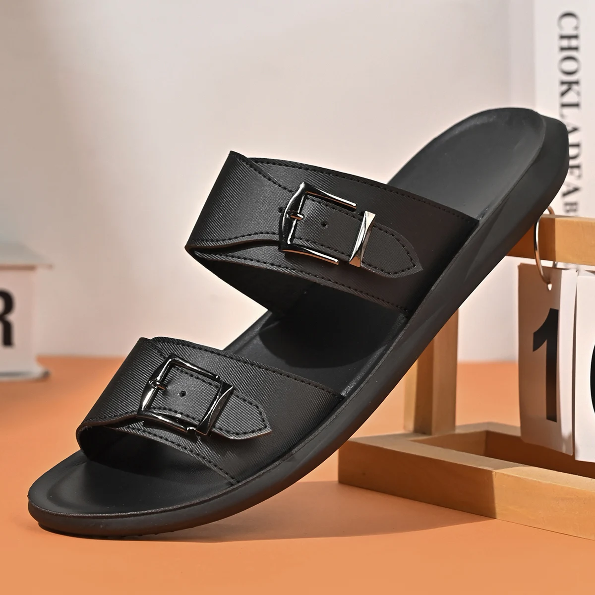 Summer Men Leather Slides Slippers Plus Size 46 47 48 Casual Shoes Outdoor Beach Black Soft Sandals Flat New Fashion 2021