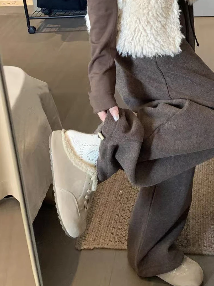 Winter Fleece Wijde Pijpen Broek Vrouwen Y2K Hoge Taille Trekkoord Alle Match Joggingbroek Vrouwelijke Losse Streetwear Rechte Broek