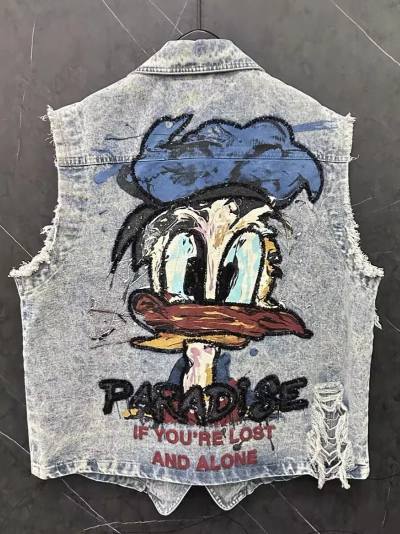 

Весенне-осеннее тяжелое мастерство, ковбойское пальто в стиле ретро с изображением Дональда Дака, жилет, женский свободный универсальный жилет без рукавов