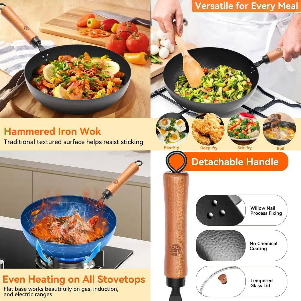 

11 Uncoated Cast Iron Skillet with Glass Lid, Griddle Spatula, Wooden Handle, Induction Ready, Requires Seasoning