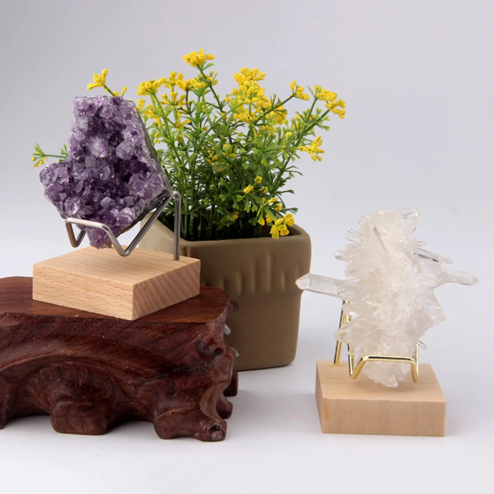 1PC Display Stand Beech Base Metal Arm for Collectibles Crystal Cluster Crafts